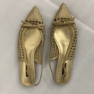 Gold basket weave leather sling back flats shoes 41 10.5